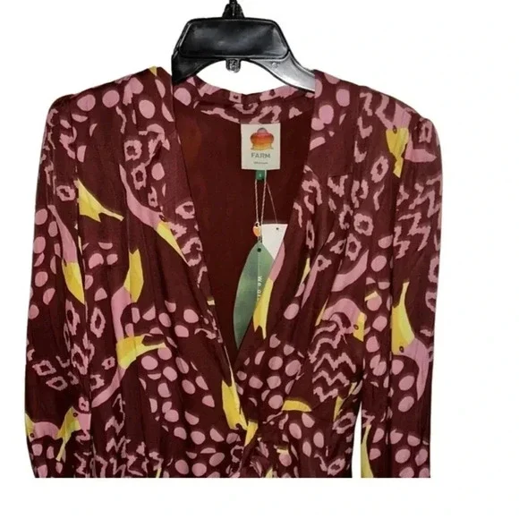 Farm Rio Toucanissimo Long Sleeve Print Wrap Dress Burgundy Size Small